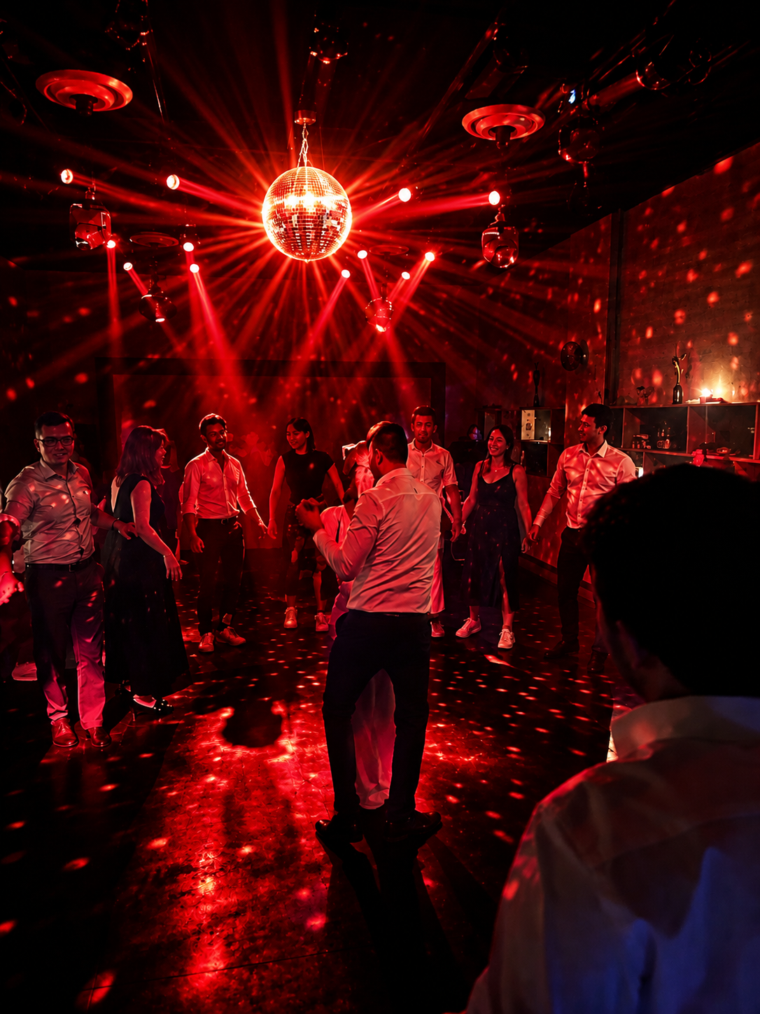 Dansvloer in rood licht onder de discobal